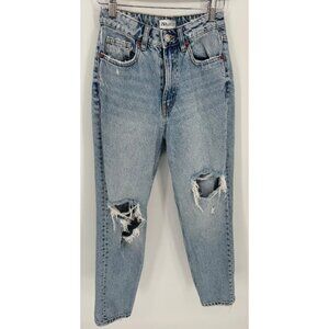 Zara Womens High-Rise Distressed Light Wash Mom Jeans